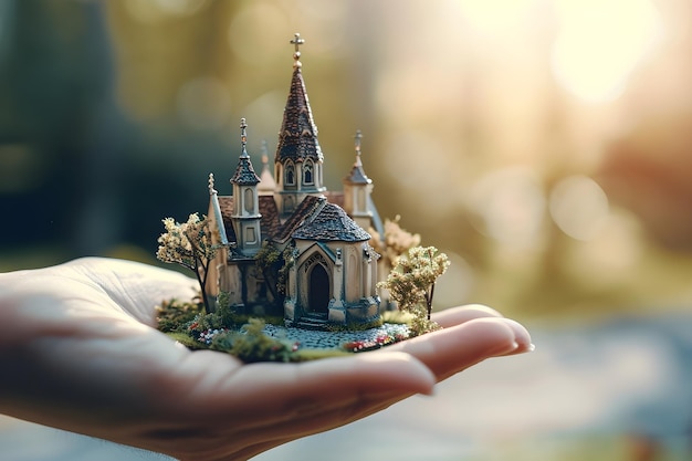 create an illustration of a hand holding a very detailed church