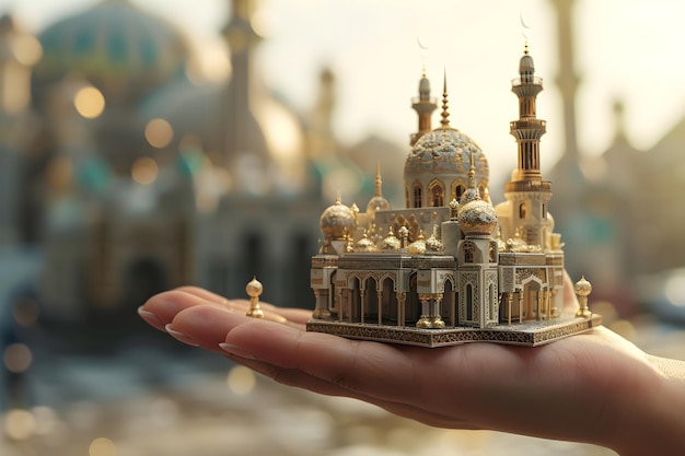 create an illustration of a hand holding a very detailed mosque