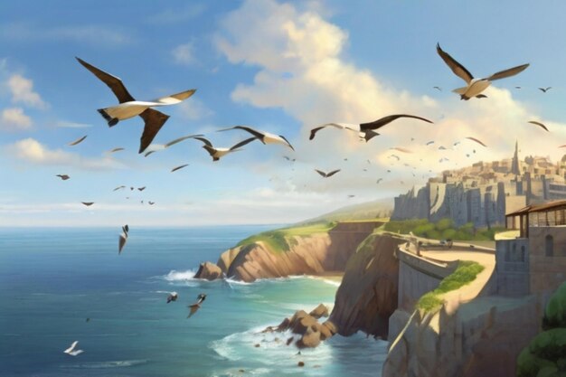 create an image of Arrowplane over coastline with sea breeze and seabirds1