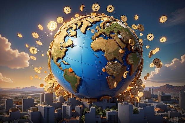 Create an image of a bitcoin taking over the world