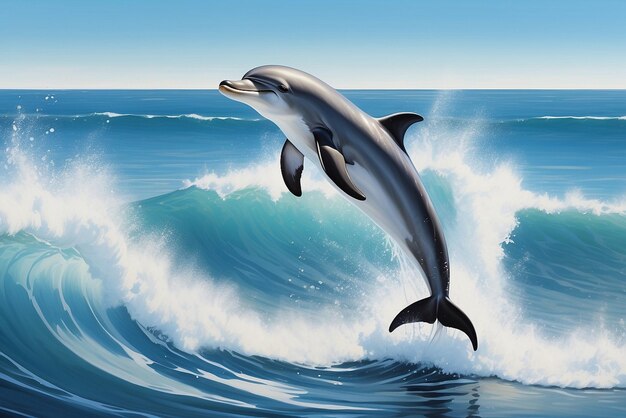 create an image of Capture the beauty of the ocean with a playful dolphin leaping over the head of a