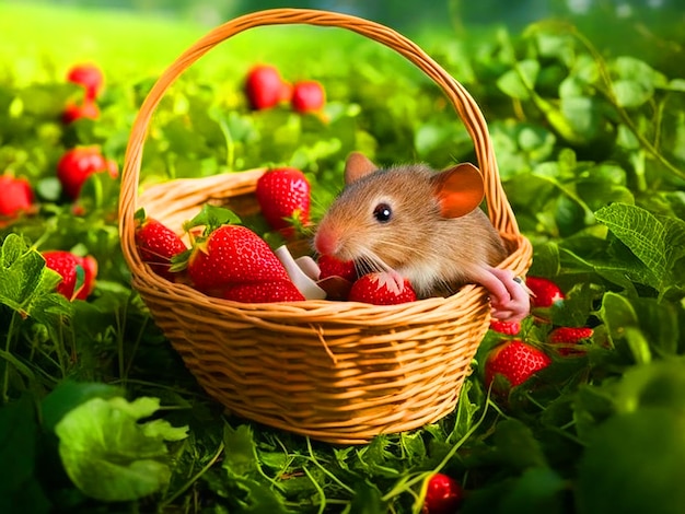 Create an image of the cute mouse darting out of the basket and scurrying away in a rush to escape f