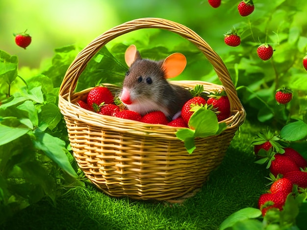 Create an image of the cute mouse darting out of the basket and scurrying away in a rush to escape f