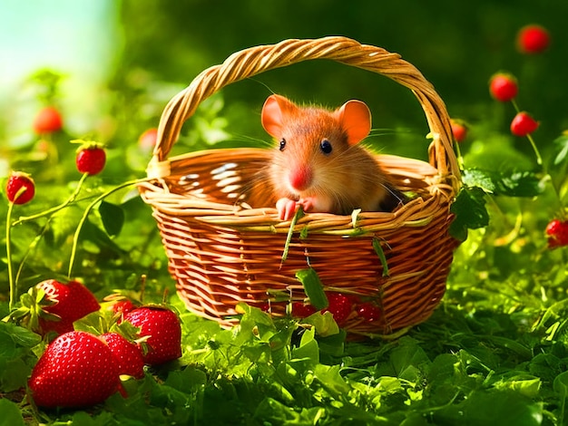 Create an image of the cute mouse darting out of the basket and scurrying away in a rush to escape f