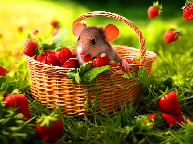 Create an image of the cute mouse darting out of the basket and scurrying away in a rush to escape f