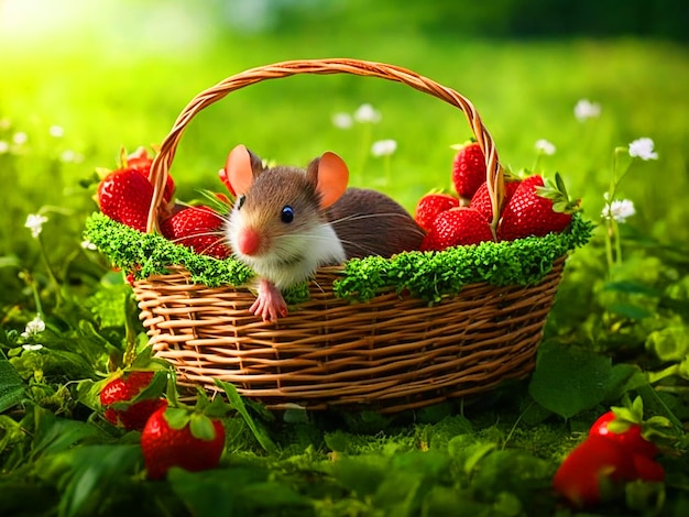 Создайте образ милой мыши, выпрыгивающей из корзины и убегающей в спешке от судьбы.