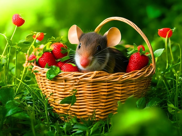 Create an image of the cute mouse darting out of the basket and scurrying away in a rush to escape f