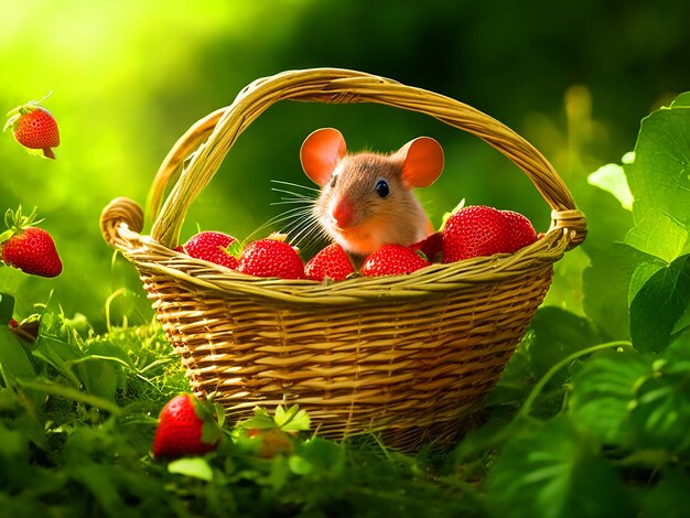 Create an image of the cute mouse darting out of the basket and scurrying away in a rush to escape f