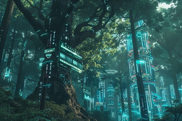 Create an image of a cybernetic forest where trees generative ai