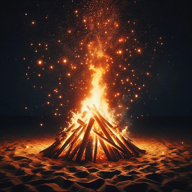 Create an image of a large bonfire on a sandy ground at night The fire is at its peak