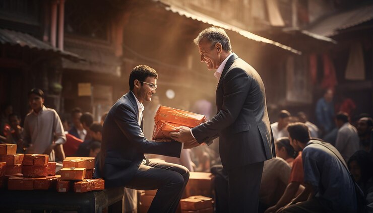 फोटो create an image of a philanthropist distributing gifts and resources to those in need