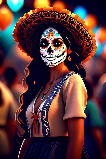 create an image showing a girl enjoying the day of the dead festival in mexico smiling to the camera