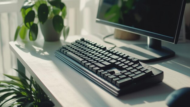 Create an image of a sophisticated keyboard set against a seamless white surface with the keys reflecting the flawless lighting exuding an aura of precision and elegance