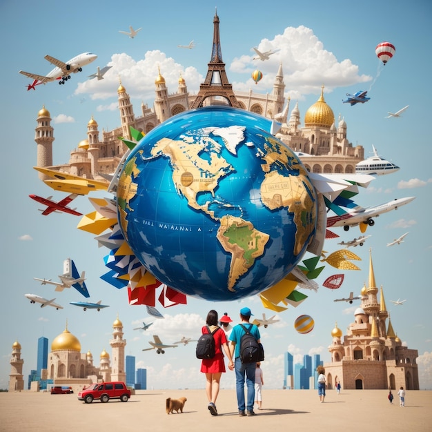 Create an image symbolizing World travel landmarks between family