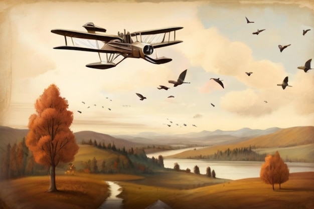 create an image of Vintage arrowplane flying over autumn landscape with migrating birds