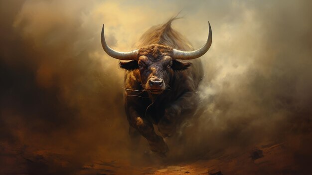 Photo create an image where a bull appears extremely powerful