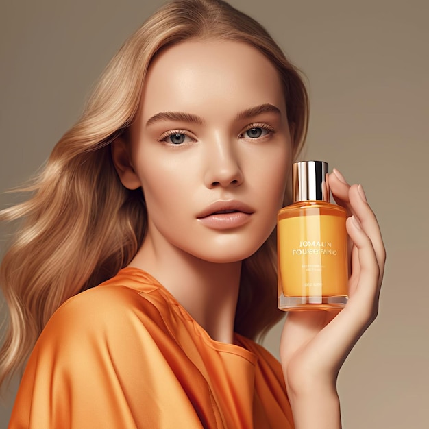 Create an image of a woman using Vitamin C Serum before applying makeup with the image styled to su