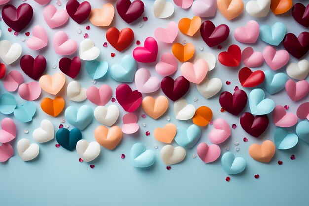 Photo create a lively background with scattered heart shaped confetti in various sizes and pastel colors