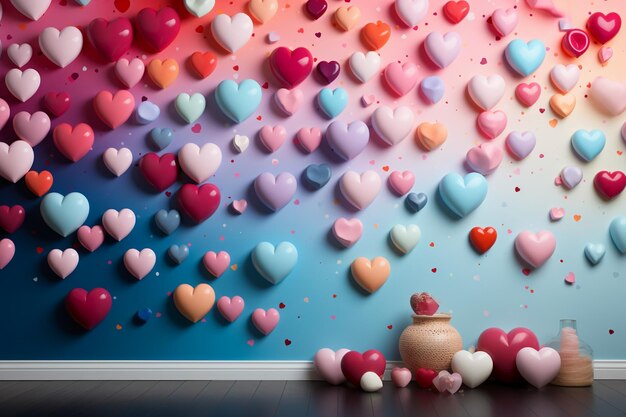 Create a lively background with scattered heart shaped confetti in various sizes and pastel colors