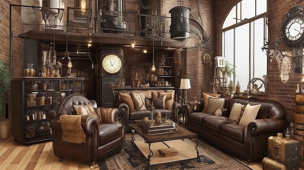 Создайте гостиную в стиле стимпанк. Включите индустриальные элементы, мебель в викторианском стиле и механический декор.