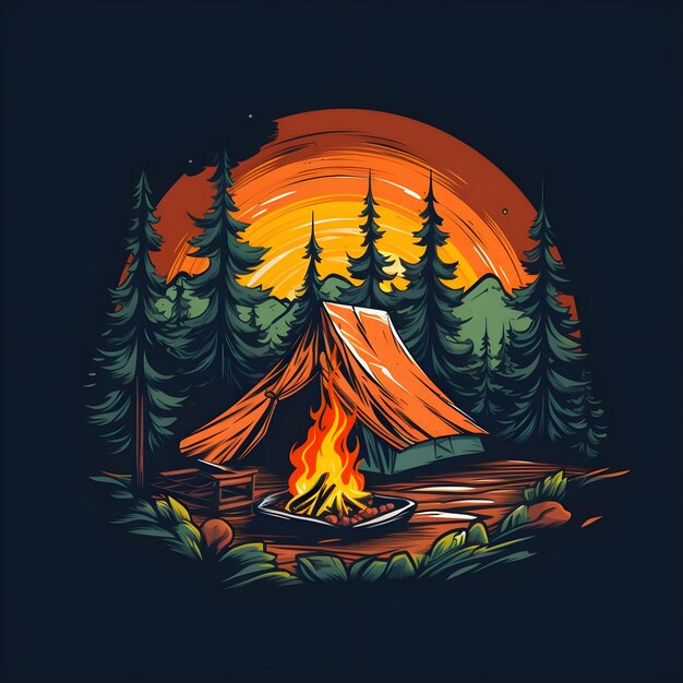 Photo create logo camping with campfire in forest dark background generative ai