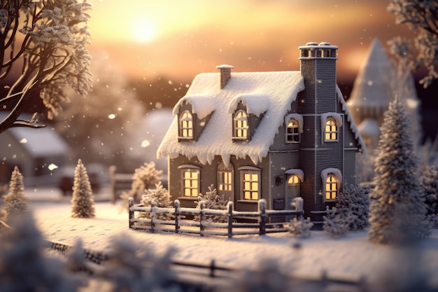 Create a magical Christmas scene with a snowy landscape and festive decorations