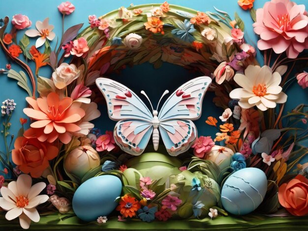 Create a mesmerizing 3D Easter landscape a graceful butterfly among vibrant flowers and decorated Ea