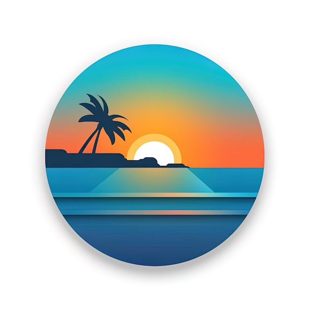 白い背景にウェブサイトのアイコンやロゴとして使用するのに適したミニマルなデザインを作成します。ココナッツ ジェネレーティブ AI を使用して、熱帯のビーチの日の出のモチーフを作成します。