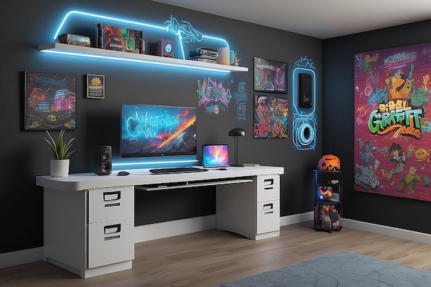 Photo create a mockup of a gaming room with a builtin charging station cable organizers and an empty wall for digital graffiti