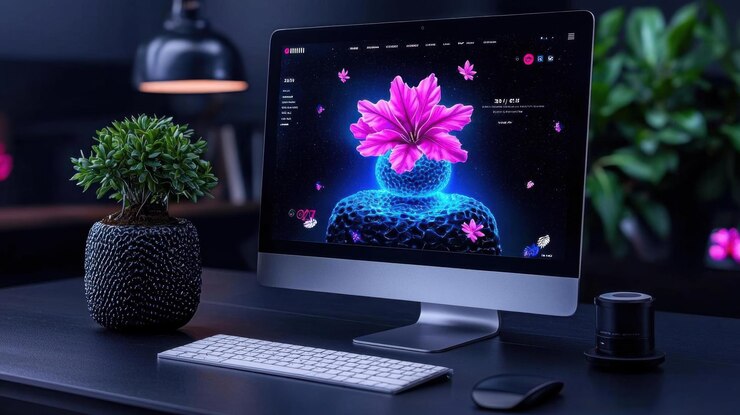 Photo create a mockup of a sleek and modern website featuring an animated background with vibrant colors