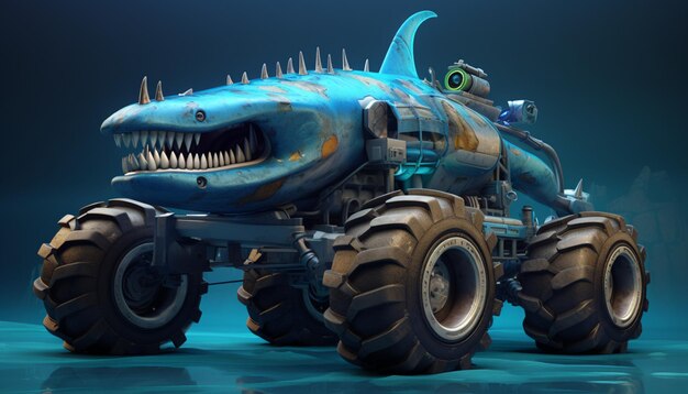 Photo create a monster truck inspired by the depths of the ocean add elements like fish scales seaweed and a submarinelike appearance to make it look like it's crushing 11