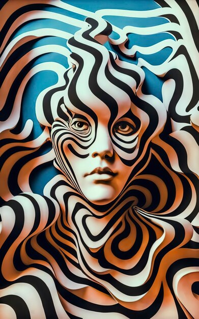 Create an optical illusion of black and white wavy lines that form a womans face