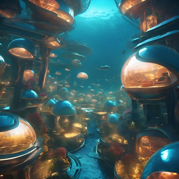 Create a photorealistic 3D model of a futuristic underwater city with shimmering domes and neonli