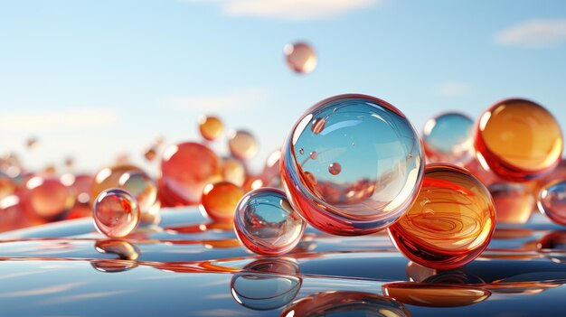 Create a photorealistic scene of flying spheres made of different shades of colored glass and in dif