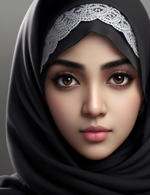 Create pic for a girl with hejab write black eye short white skin medium nose and mouth