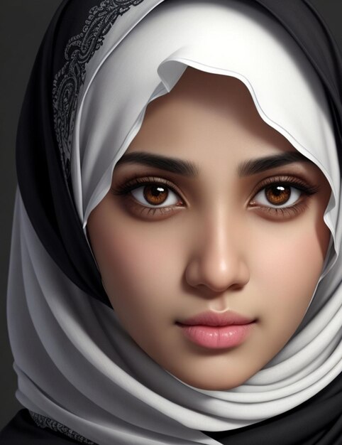 Create pic for a girl with hejab write black eye short white skin medium nose and mouth