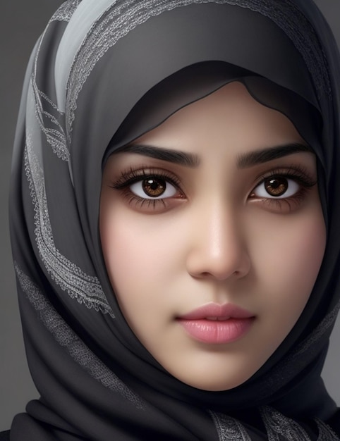 Create pic for a girl with hejab write black eye short white skin medium nose and mouth