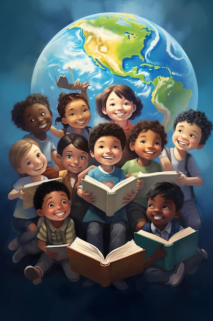 Photo create a poster depicting children from around the world gathering around a globe