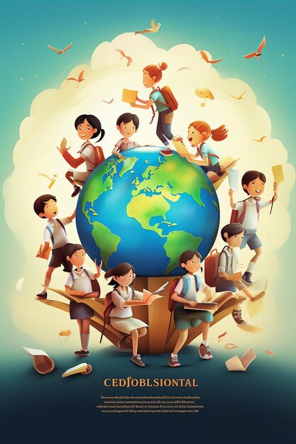 Foto creare un poster che raffigura bambini di tutto il mondo che si riuniscono attorno a un globo
