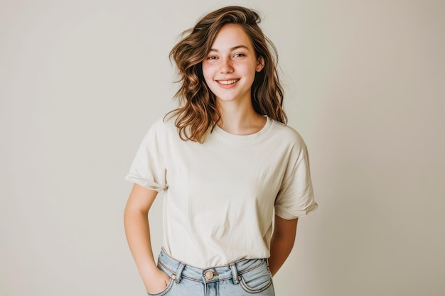 Create a profile photo of a beautiful 17 year old girl standing in front of a neutral