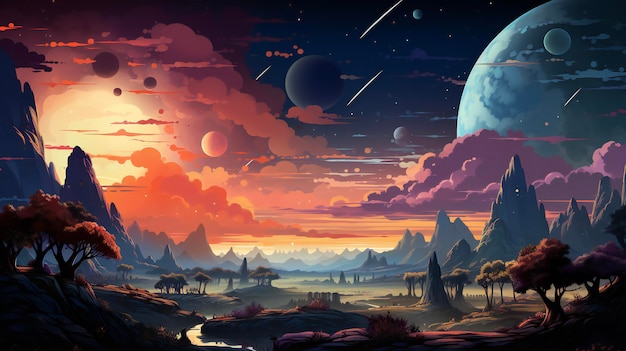 Create a rainbowcore flat illustration of planets and stars with a simple field background