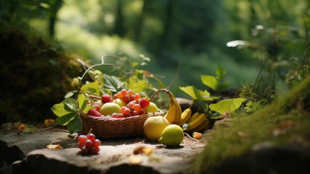 Create a realistic image of fruits in a forest