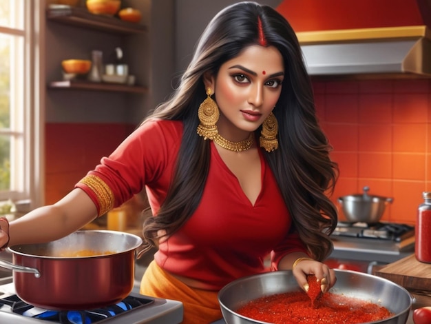 Create a realistic vivid image of an Indian woman He is cooking in the kitchen