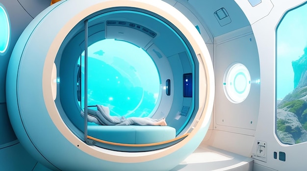 Create a relaxation pod for a space station with calming futuristic aesthetics