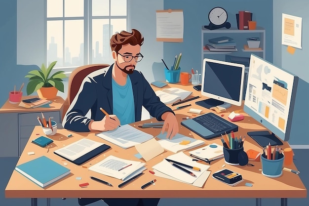 Create a scene of a person working with a messy desk showcasing realism