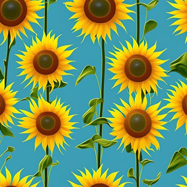 Create a seamless pattern background inspired by a sunflower field with tall sunflowers stretching towards the sun against a bright blue sky