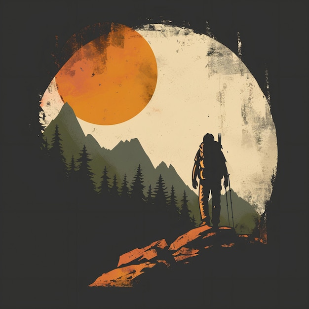 Create a simple Tshirt design influenced by hikers traversing majestic mountain trails capturing t