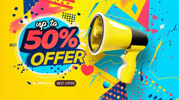 create the slogan up to 50 BEST OFFER in the design style of a sale