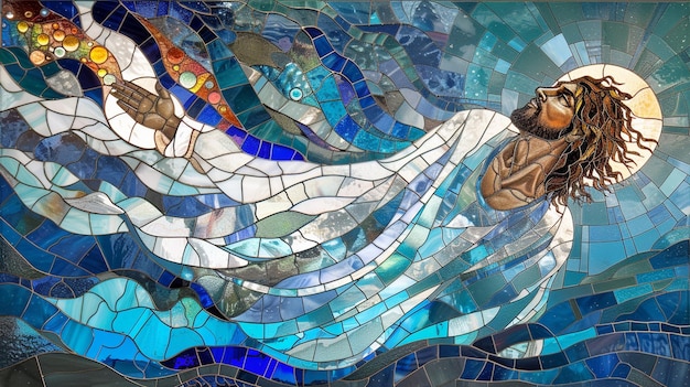 Create a stained glass artwork showing Jesus Ascension into Heaven with upward flowing lines and a spectrum of blues and whites to convey the celestial journey