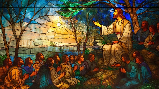 Create a stained glass representation of Jesus delivering the Sermon on the Mount using blues and greens to reflect the outdoor setting and golden hues for the divine light shining upon him